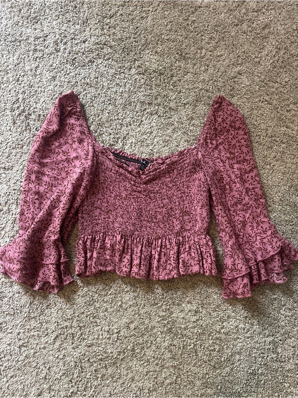Lulu's Dusty Rose Floral Smocked Peplum Crop Top